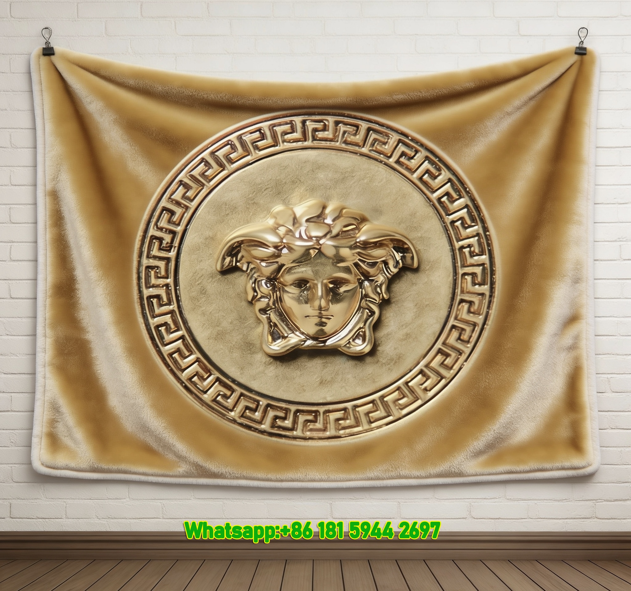 Versace Gold Tone 3D Medusa Greek Key Emblem Printed Flannel Throw Blanket IMG_1253